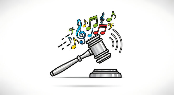 A gavel with music notes floating around it on a white background in a cartoon style illustration