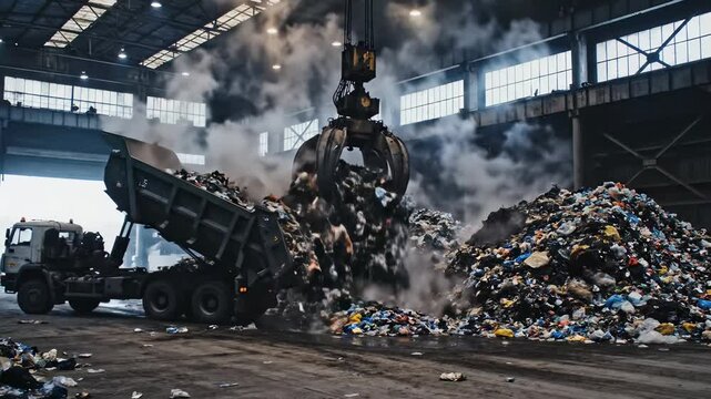 Inside a sprawling industrial space, a robust crane skillfully maneuvers through mountains of refuse. Dust clouds swirl as a dump truck unloads its heavy cargo, emphasizing the bustle of activity.
