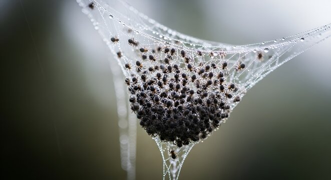 Spiderlings Swarm on Dewy Web: Macro Shot of Tiny Spiders in Nature