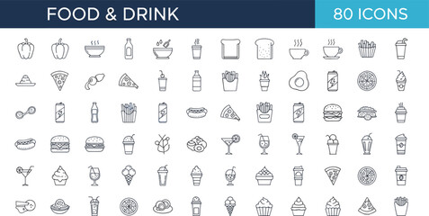 Food and drink icon set with fast food beverages desserts and restaurant menu symbols in outline style for design