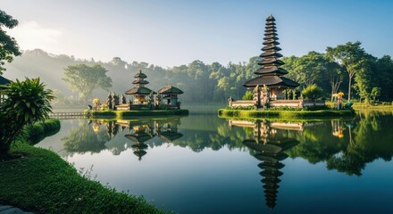 Obraz premium Scenic view of Ulun Danu Beratan Temple reflecting in lake Bali.