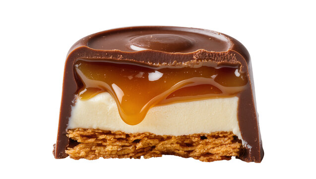 Chocolate candy bar with caramel nougat and wafer layers, isolated on transparent background