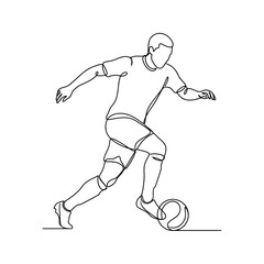 Fototapeta premium Continuous line drawing of a soccer player dribbling a ball, minimalist sports illustration