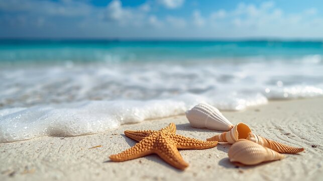 Starfish and seashells resting on golden sand, with clear blue ocean waves as a serene summer beach background for peaceful getaways