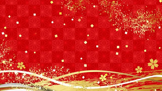 和柄　赤　金箔　ループ動画　豪華　高級感　和風　年賀　正月　紙吹雪　市松模様　麻の葉　波　和　文様　筆　キラキラ　おしゃれ　和モダン　枠　お歳暮　Japanese pattern.Celebration background.Loop video.