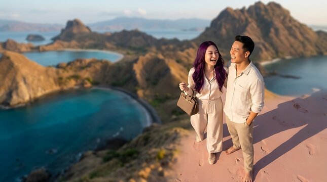 Happy couple enjoying panoramic views of a stunning bay and islands from a hilltop during their tropical vacation.