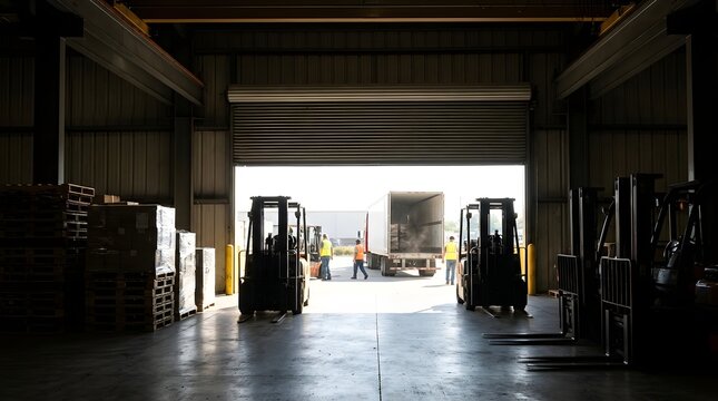 Silhouetted view of busy warehouse loading dock with forklift trucks and semi truck parked at open bay door during golden hour with staff members in safety vests managing transport operations.