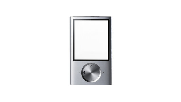 Silver portable digital music player with circular control wheel, isolated on transparent background