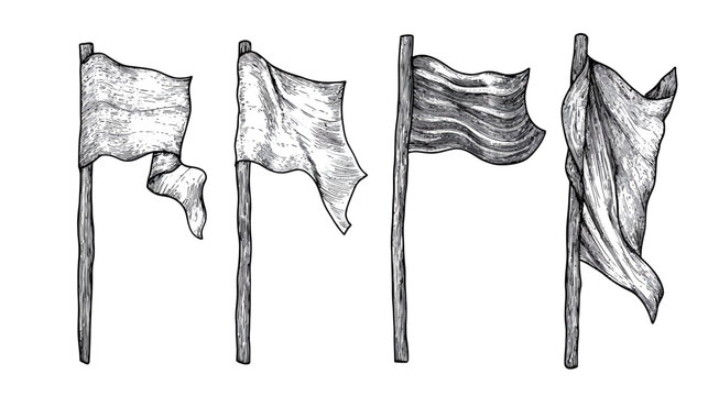 A hand-drawn illustration featuring four flag illustrations, waving on poles, set against a white background