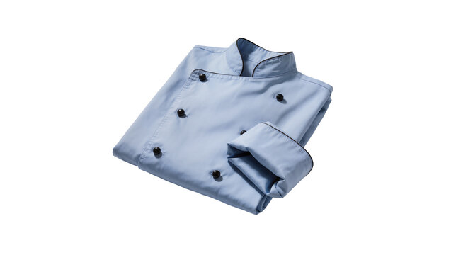 Light blue chef jacket with black buttons, folded and isolated on transparent background