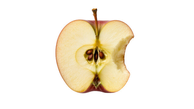 Half red apple with bite marks and visible seeds, isolated on transparent background