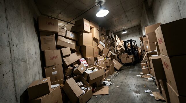 Messy storage room full of cardboard boxes and storage shelves, industrial warehouse with palletized goods and shipping containers, chaotic logistics and delivery clutter, overstocked inventory