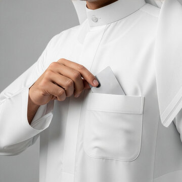 Saudi man placing blank bank card into thawb front pocket