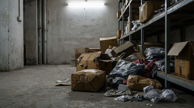 Abandoned storage room with broken cardboard boxes and debris scattered on floor, industrial warehouse with shelves full of items, neglected stockroom, dusty and dirty storage space, 