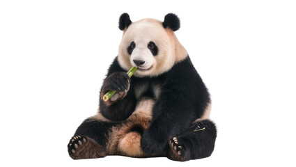Fluffy giant panda eating green bamboo stalk, isolated on transparent background © PROSTOCK