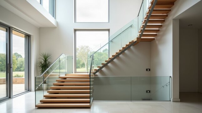 Escalera flotante interior con barandilla de cristal y escalones de madera
