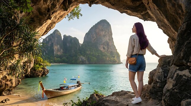 Woman looking out from a cave opening at a stunning tropical beach with a longtail boat and limestone karsts.