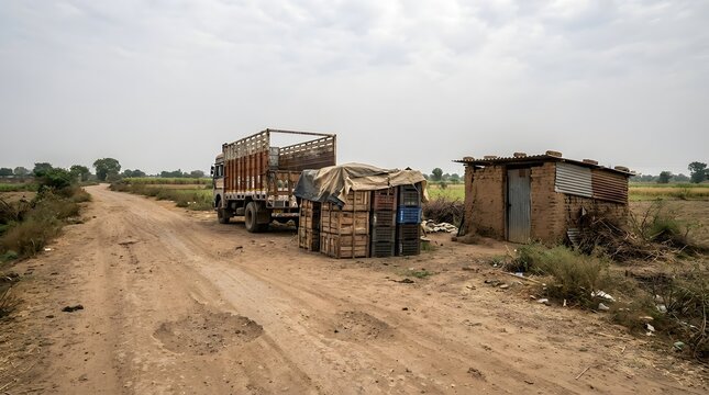 Traditional cargo truck parked on dusty rural dirt road next to small mud hut and stack of wooden crates in remote agricultural landscape during cloudy day showing local logistics and transport.