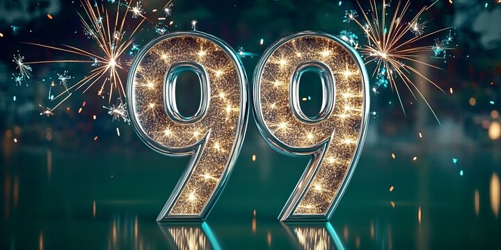 Radiant Ninety-Nine Festive Silver Number on Emerald Background with Sparkling Fireworks Display