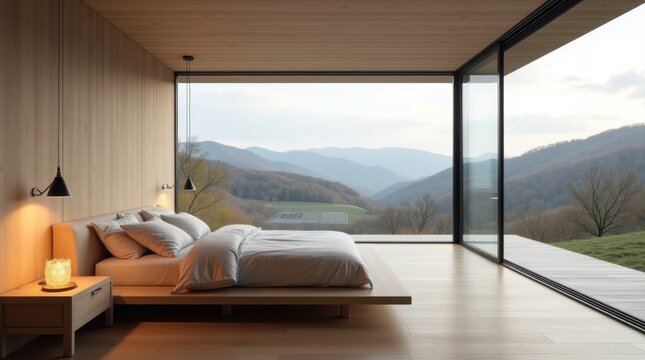 Interior de dormitorio moderno con una gran pared de ventanales panor&aacute;micos con vista al paisaje