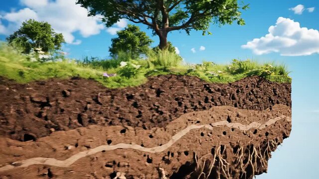 Soil profile cross section animation with grass trees and roots revealing different layers underneath against a sunny sky