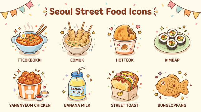 A vibrant collection of eight popular Seoul street food icons, including Tteokbokki, Eomuk, Hotteok, Kimbap, Yangnyeom Chicken, Banana Milk, Street Toast, and Bungeoppang.