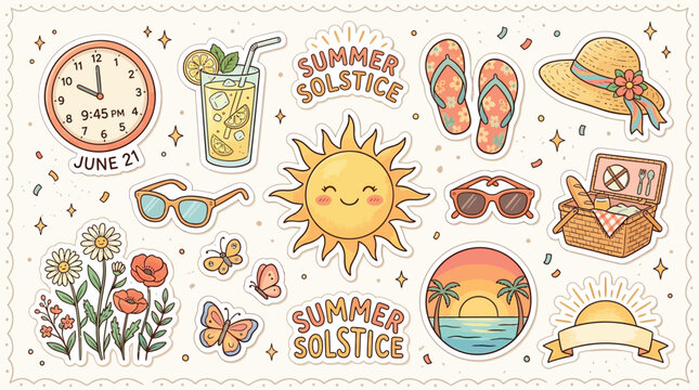 Cute cartoon summer solstice stickers collection with sun, lemonade, beach, flowers, and picnic items for seasonal celebration.