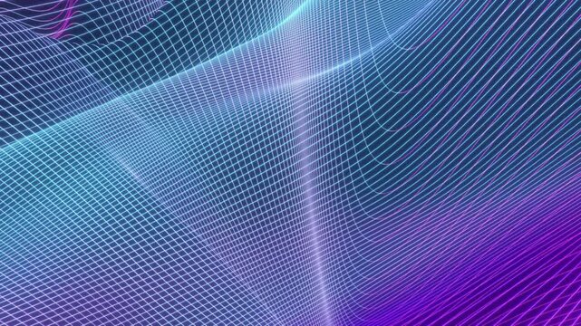 Cyber wireframe grid in cyan and magenta flowing in a complex wave pattern to represent a virtual reality environment and high-tech digital infrastructure.