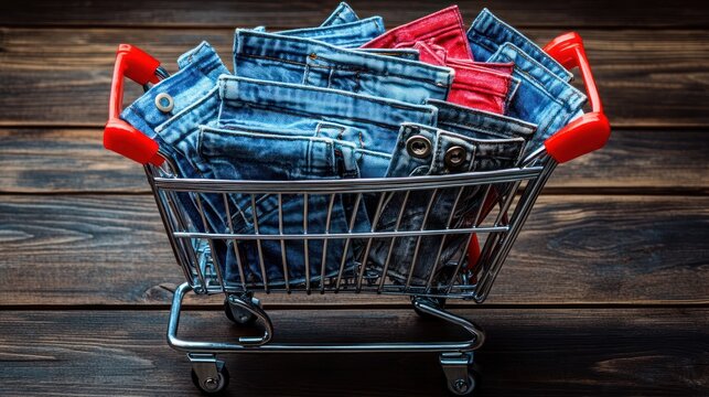 Shopping cart filled with various folded blue and red denim jeans on a wooden surface
