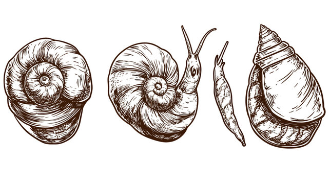 Detailed illustration of various snail shells and slug in a monochrome, hand-drawn style
