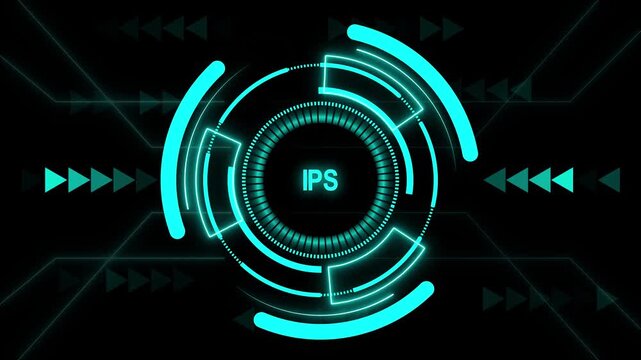 Neon HUD interface with security IPS text. Digital HUD interface for network defense. Modern HUD interface for cybersecurity and data protection visualizations.