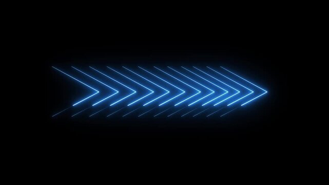 Blue neon chevron arrow pattern on black. Digital chevron arrow for speed and direction. Modern chevron arrow graphic for technology and movement backgrounds.