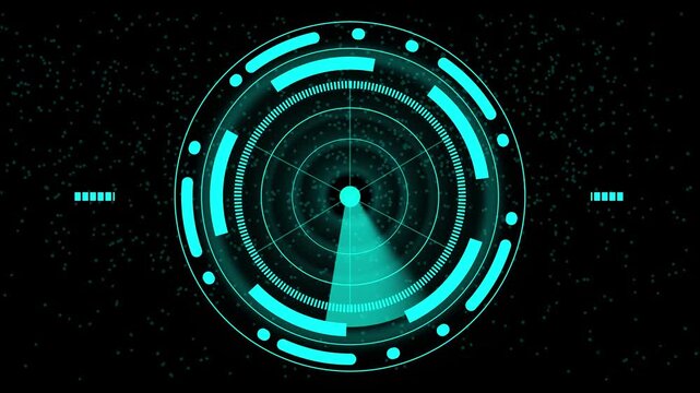 Teal radar HUD interface on star field. Digital radar HUD interface for space tracking. Modern radar HUD interface for navigation and astronomical observations.