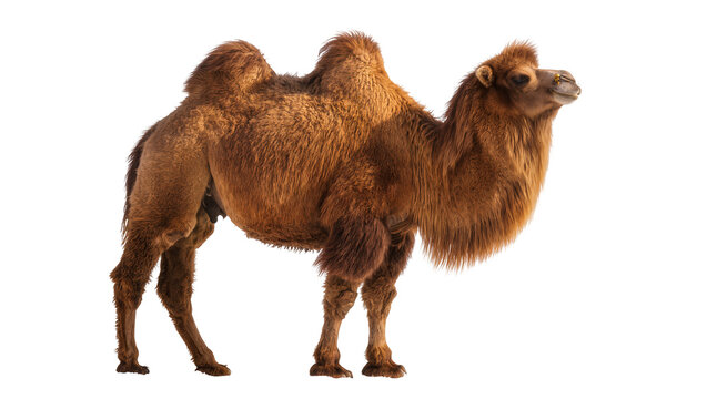 Furry brown Bactrian camel with two humps, isolated on transparent background