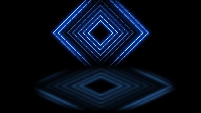 Glowing blue neon diamond frames on black. Digital neon diamond frames for tech art. Modern neon diamond frames for minimal geometric light tunnel backgrounds.