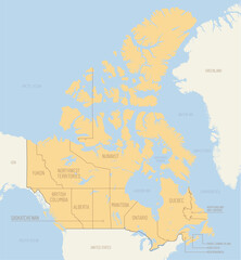 Obraz premium Political map of Canada with administrative division into regions, provinces and borders of North American countries, vector illustration