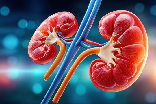 Detailed 3D medical illustration of female pistol-shaped kidneys showing renal anatomy and urinary tract