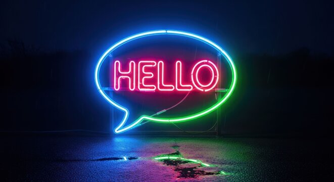 Vibrant Neon Hello Sign Illuminating a Dark Space.