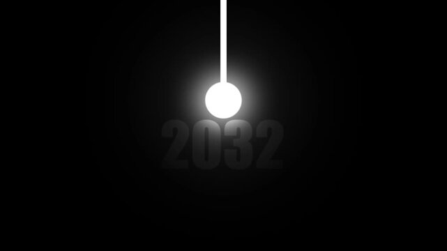 A radiant white pendulum ball is positioned above the year 2032 in a subdued gray hue, against a pure black background, symbolizing the progression of time and future anticipation