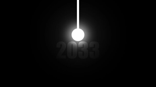 A bright white pendulum ball shines above the year 2033 in a dim gray color, set against an absolute black background, signifying the relentless passage of time and future outlook