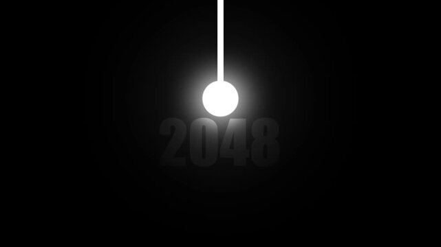 Glowing white pendulum sphere in motion with the year 2048 softly displayed in grey text on a dark black background symbolizing future time progression