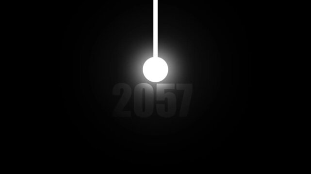 A bright white orb, illuminated and hanging from a delicate white string, is set against a dark black canvas with the year 2057 softly appearing in a gray font beneath it