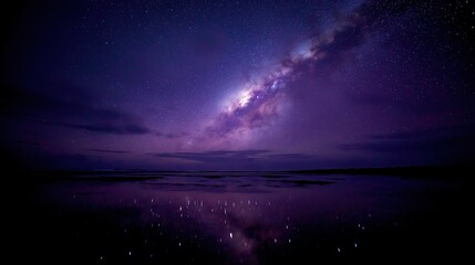 Obraz premium Purple Milky Way galaxy reflected on dark water Night sky with stars and vibrant purple hues over calm surface