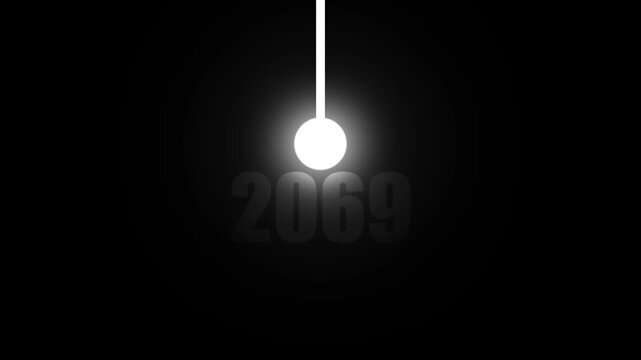 Luminous pendulum ball with the year 2069 displayed in a dark, abstract, futuristic environment keywords: pendulum, ball, year, 2069, glowing, light, dark, abstract, futuristic, motion