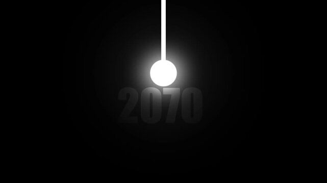 A glowing white sphere suspended by a thin white line against a dark black background with the year 2070 subtly visible in a faded grey font below the sphere