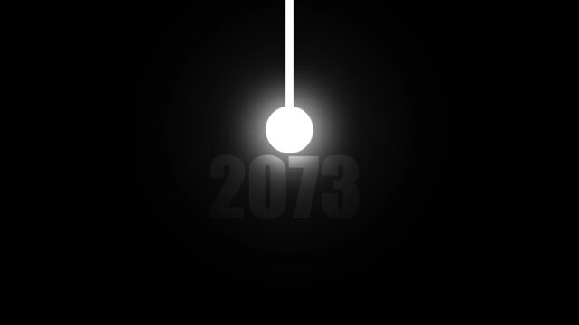 A bright white sphere illuminated by its own light, hanging from a thin white string on a solid black background with the year 2073 subtly visible in grey text below