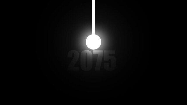 Glowing white pendulum ball suspended above the year 2075 on a dark black background with subtle light effects