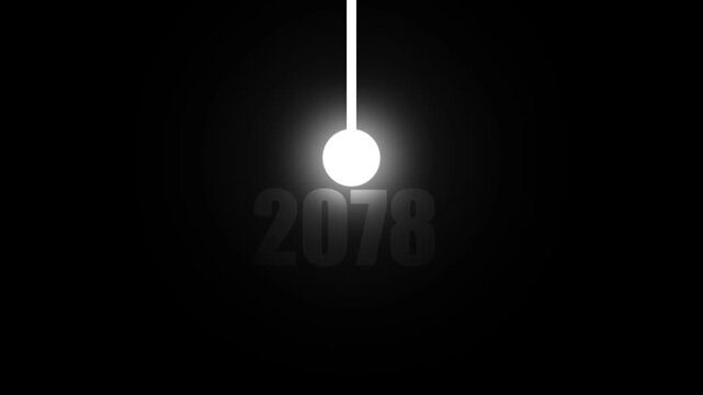 Glowing white pendulum sphere poised above the year 2078 on a dark black canvas with subtle light diffusion
