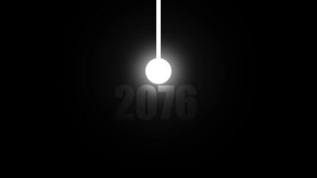 Bright white pendulum sphere illuminated against a dark void with the year 2076 subtly displayed in the background