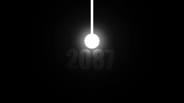 A bright white sphere illuminated by its own light hangs from a white string on a black background with the year 2087 in gray text keywords: abstract, year, 2087, future, time, concept